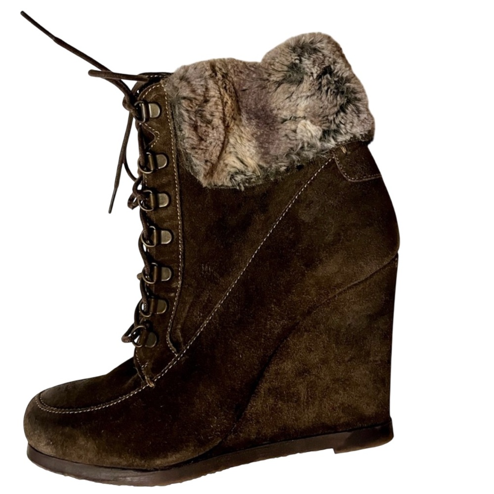 Brown Faux Fur Lace-Up Wedge Booties – Size 9